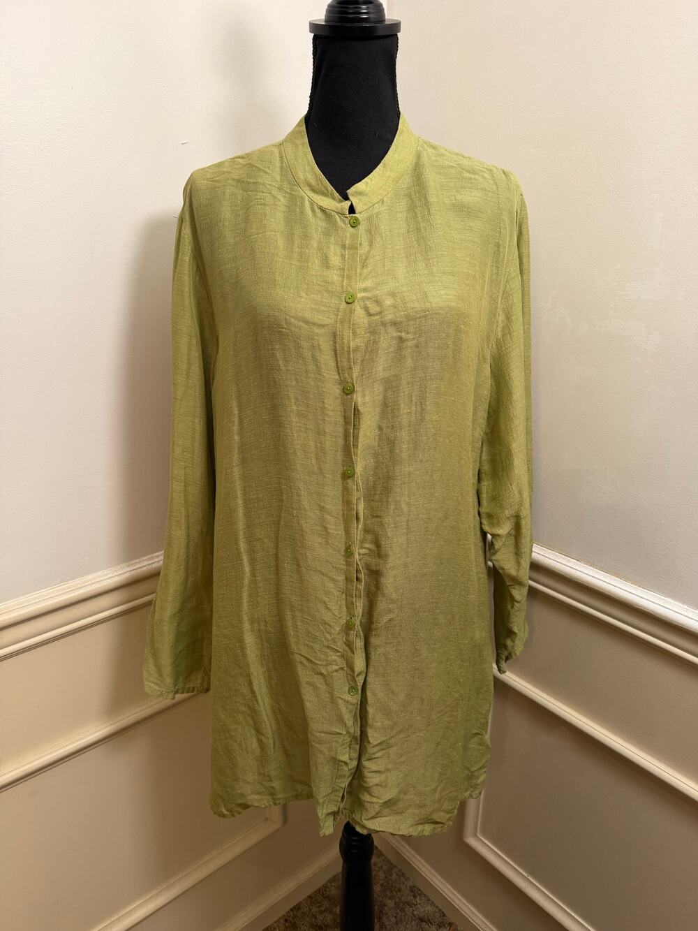 Eileen Fisher Silk Linen Blend Mandarin Collar Button Up Tunic Shirt Top Green